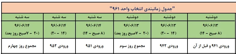 جدول زمان بندی انتخاب واحد 961