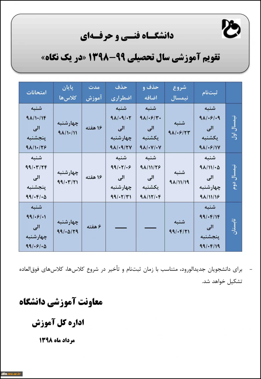 تقویم آموزشی سال تحصیلی 99-1398 دانشگاه فنی و حرفه ای در یک نگاه 2