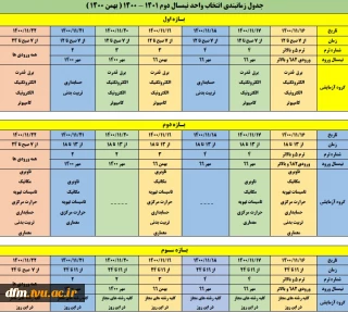 جدول زمانبندی انتخاب واحد نیمسال دوم (بهمن 1400)